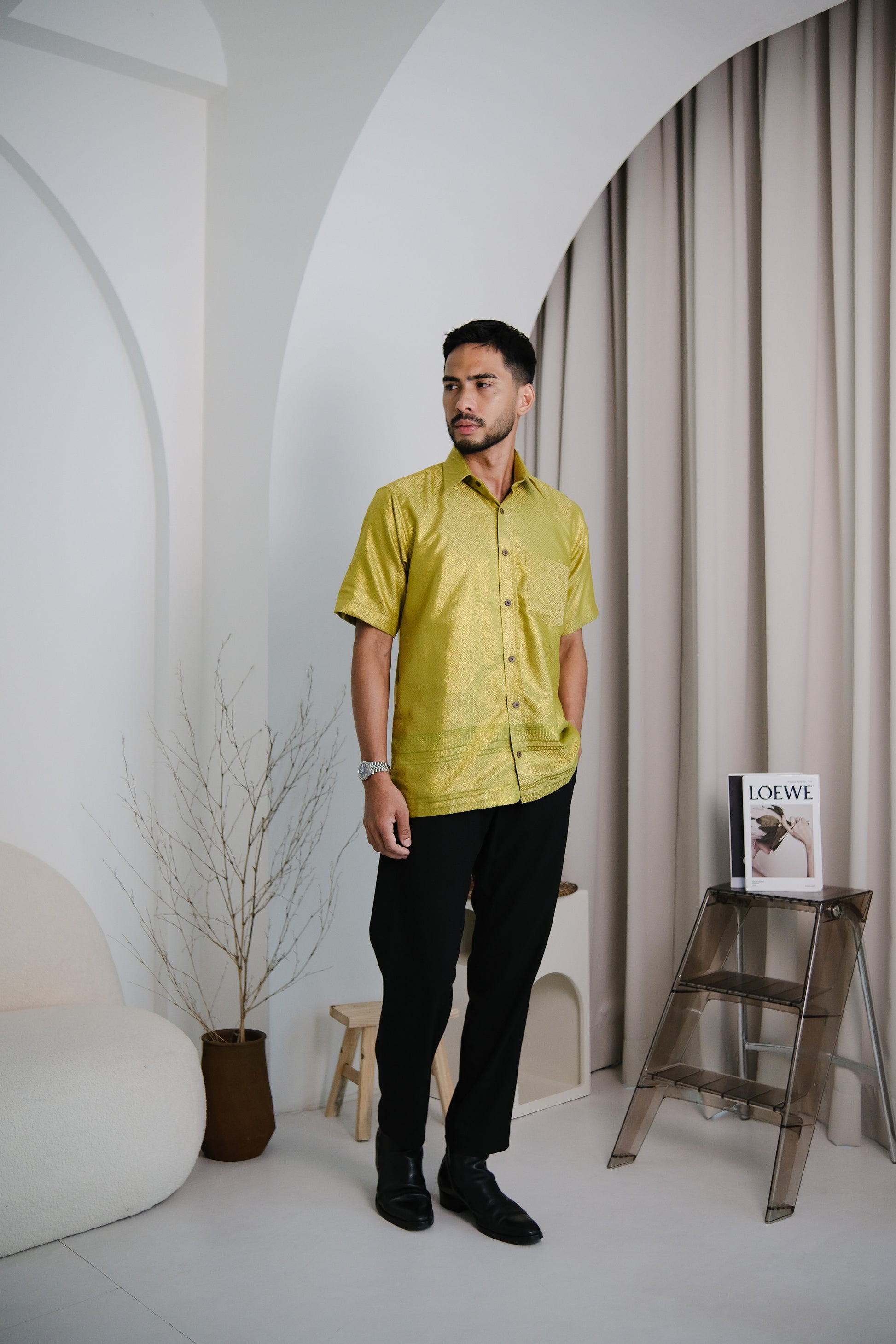 lux qamis songket shirt in lemon green - jia.basics