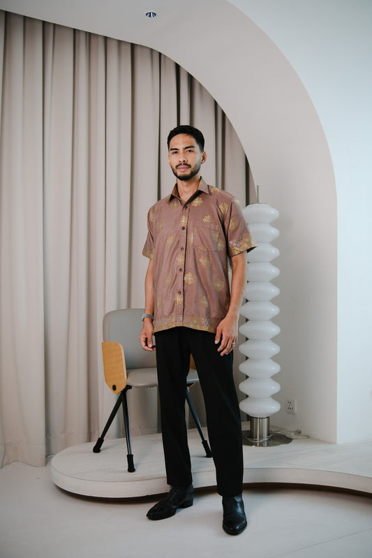 qamis songket shirt in brown - jia.basics